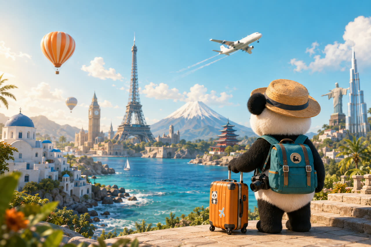 Travel Panda mascot with a suitcase and camera, looking out over world landmarks — the Eiffel Tower, Big Ben, Mount Fuji and Burj Khalifa